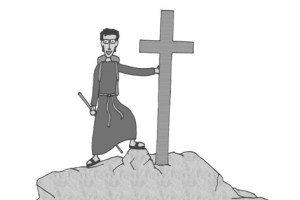 Pater Martin beim Bergsteigen. (Ein Comic von Georg Attenender)